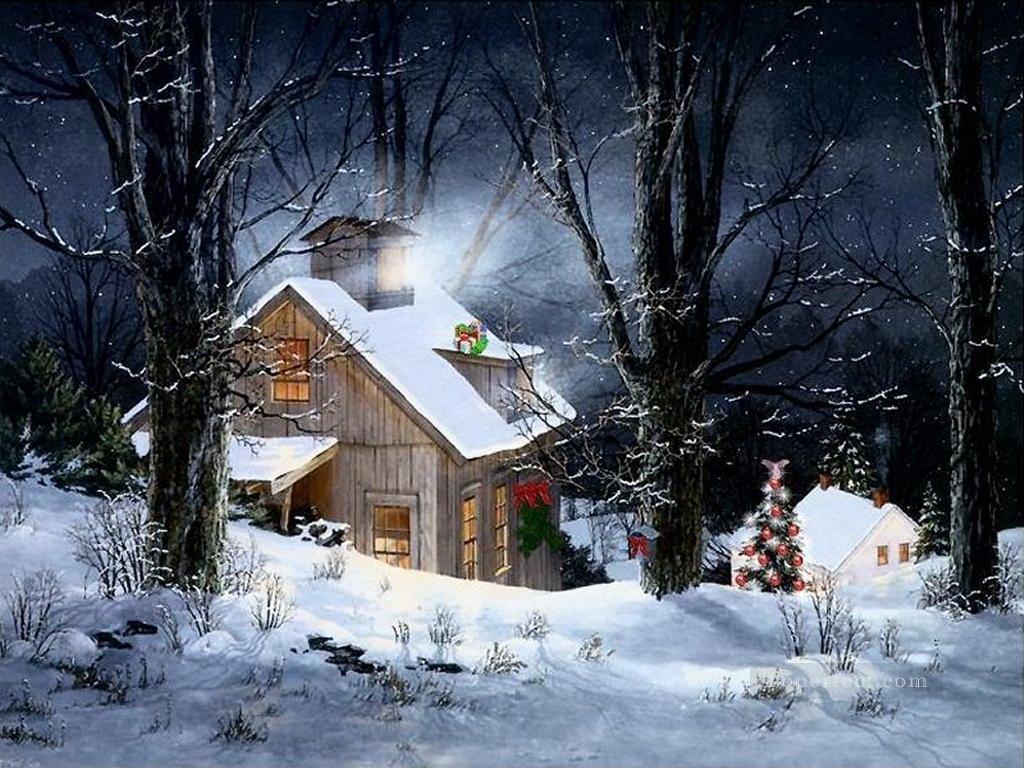 Cabañas navideñas nevando Pintura al óleo